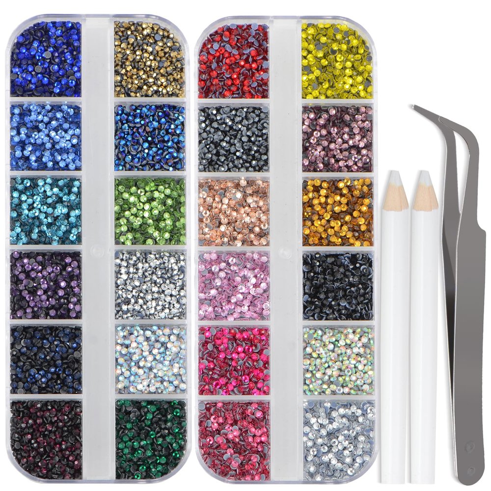 LPBeads Glass Hotfix Rhinestones Bulk SS6 14400pcs 24 Colors Hotfix Crystal Flatback Rhinestones for Crafts Clothes with Tweezers and Wax Pencil Kit