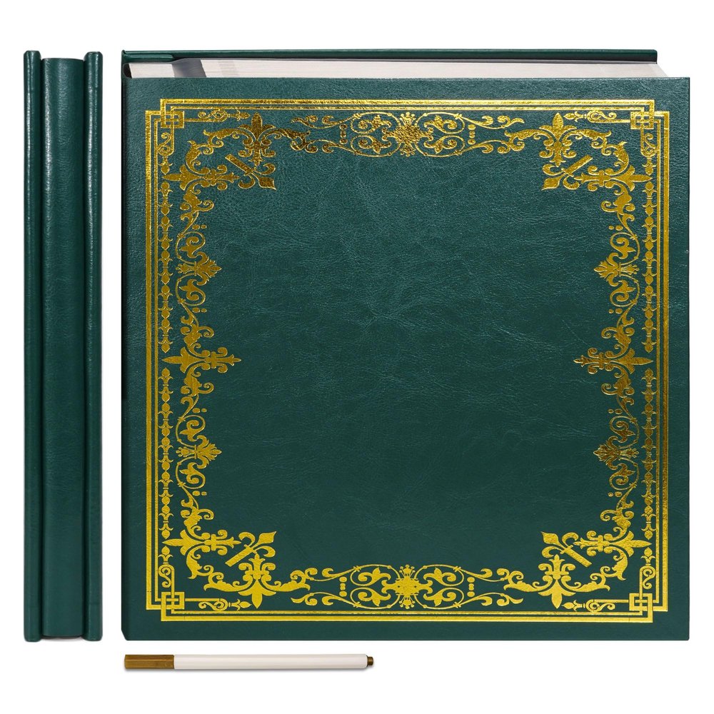 Vienrose Large Self-Adhesive Photo Album, Artificial Leather Scrapbook Album for 4x6 5x7 3x5 8x10 10x12 Photos, 13.19" x 12.8" Vintage Memory Book DIY 60 Pages with with A Metallic Pen, Dark Green