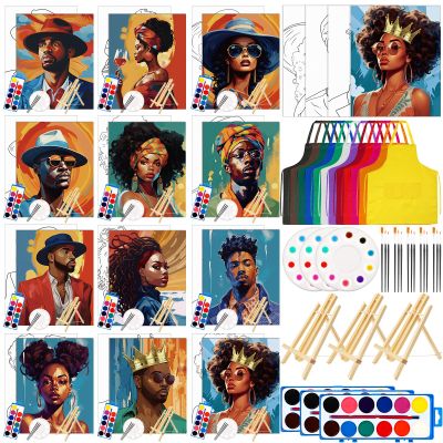 Cholemy 12 Sets Pre Drawn Canvas Kits - Painting Set 8'' x 10'' Afro Sip Pre-Stretched Canvas, Wood Easel, Watercolor Paint, Apron & Brush for Party Favors DIY Gift(Couple)