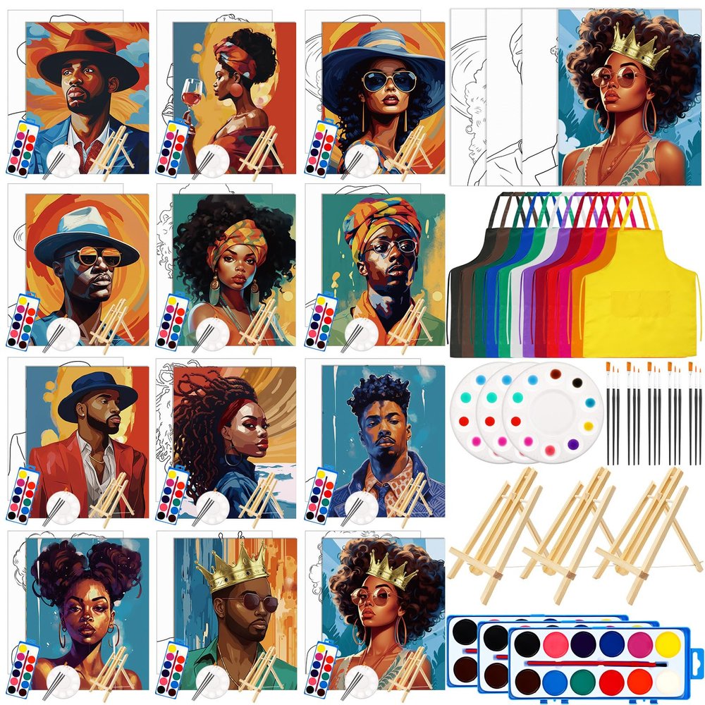 Cholemy 12 Sets Pre Drawn Canvas Kits - Painting Set 8'' x 10'' Afro Sip Pre-Stretched Canvas, Wood Easel, Watercolor Paint, Apron & Brush for Party Favors DIY Gift(Couple)