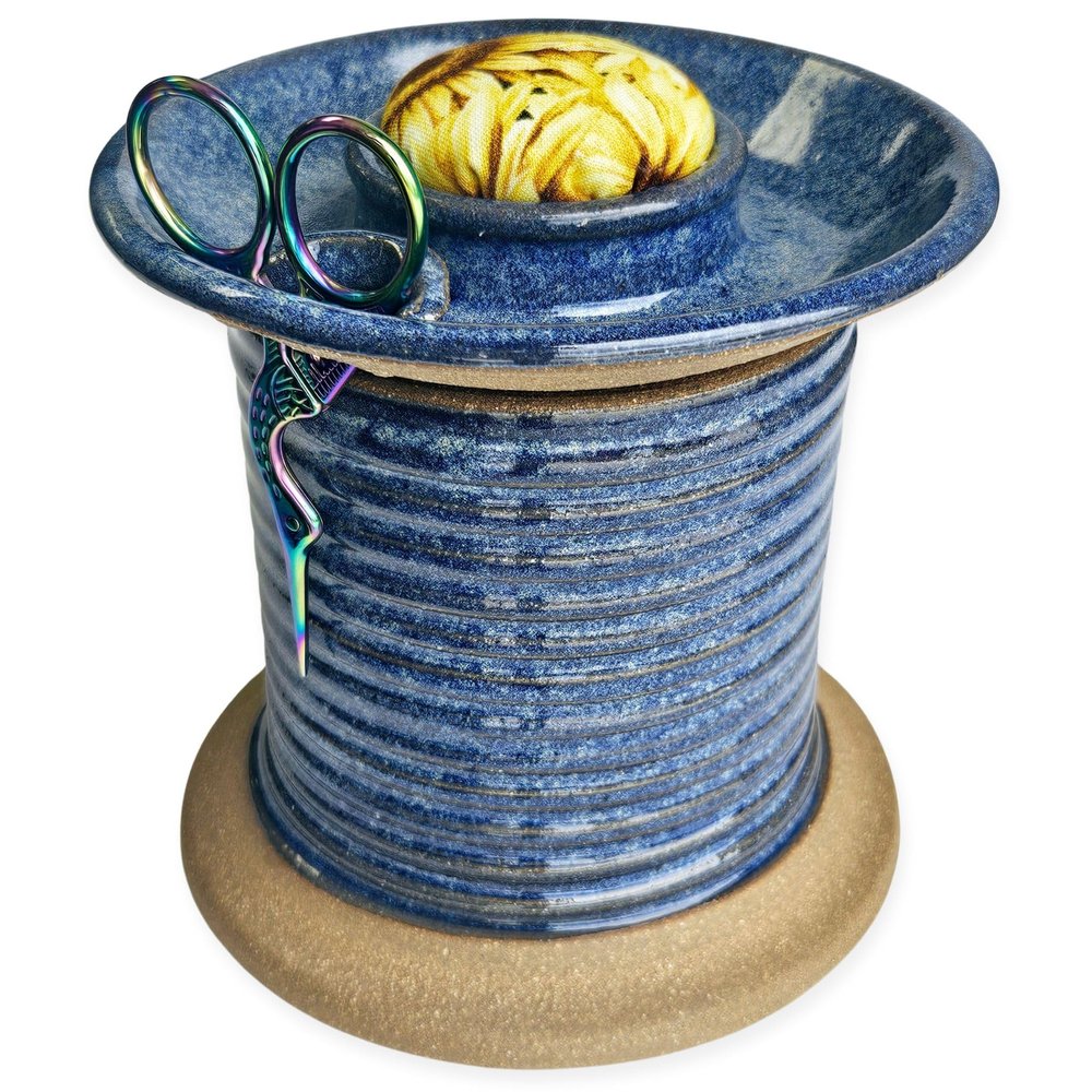 Handcrafted Sewing Caddy & Pincushion Set, Scissors Included, Bobbin Holder ring, Supplies and Notions Storage Blue (Blue Sunflower, Rainbow Shimmer scissors)
