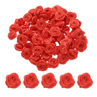 uxcell 100pcs 1.5cm Mini Ribbon Roses Satin Ribbon Flower Rose Artificial Fabric Flowers for DIY Crafting Accessories Sewing Wrapping Wedding Gift Decoration, Red
