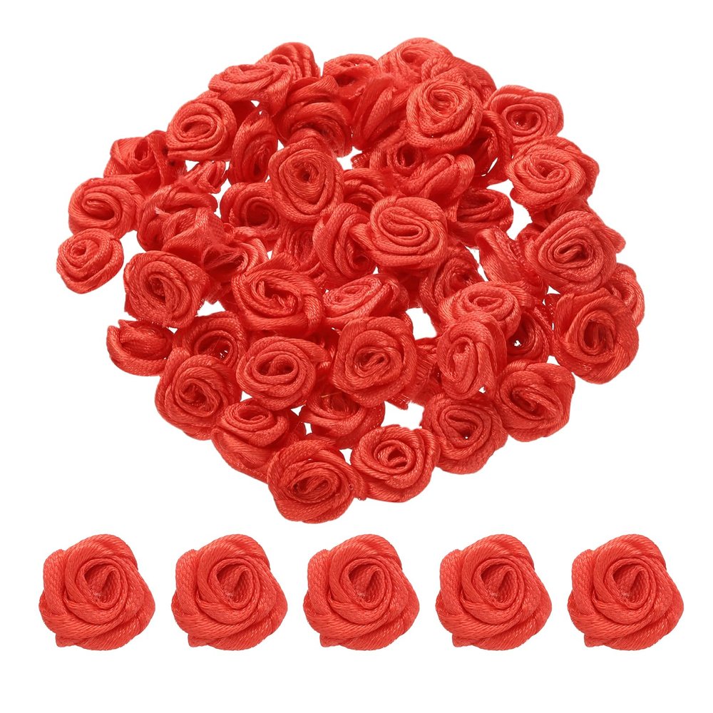 uxcell 100pcs 1.5cm Mini Ribbon Roses Satin Ribbon Flower Rose Artificial Fabric Flowers for DIY Crafting Accessories Sewing Wrapping Wedding Gift Decoration, Red