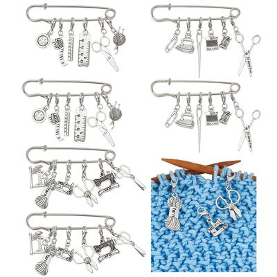 BENECREAT 6 Sets 3 Styles Tailor Tool Theme Stitch Marker Charms, Stitch Markers Knitting Metal Rings Knitting Kit with Safety Pins and Lobster Clasps for Knitting Weaving Sewing