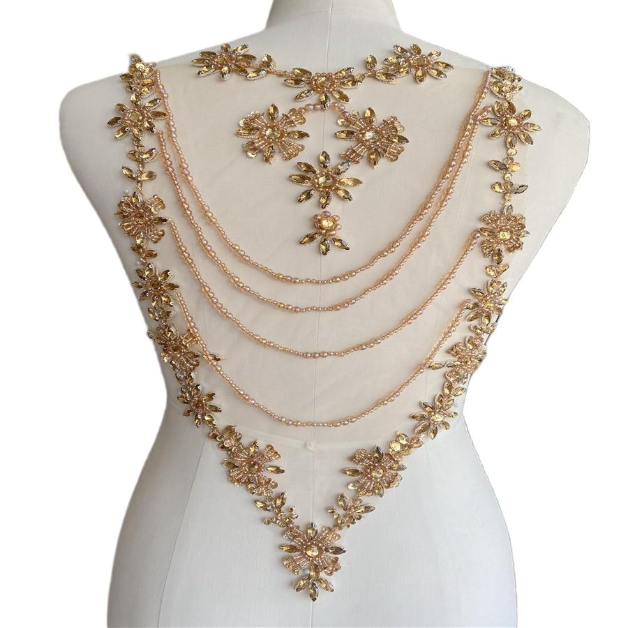 Handmade Rhinestone lace Applique Sewing Shining Beads Stones Trim Crystal Fringe Patches for Dress Clothes Back Accessories 10X21in (Champagne)
