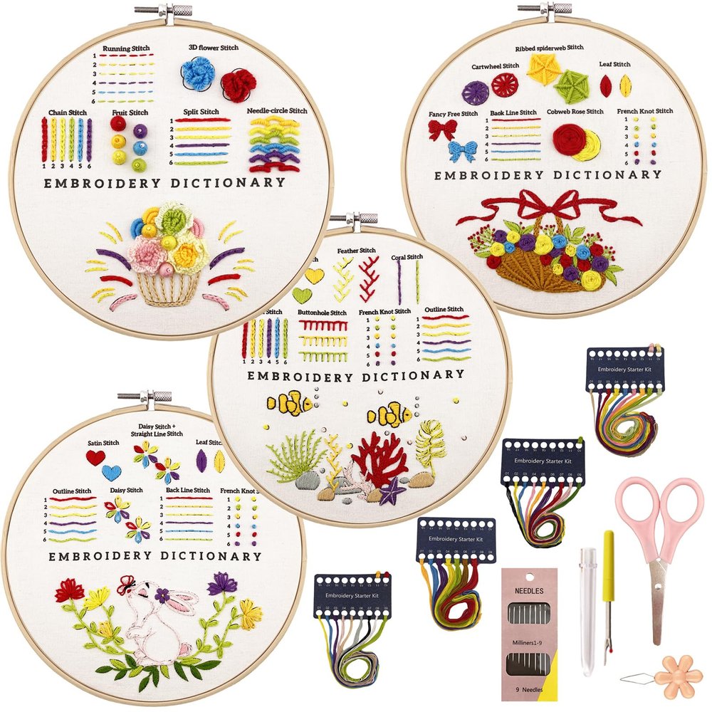 VIVIDOX 4 Sets Embroidery Kit for Beginners with Stitch Video, Cross Stitch Kits for Adults, Hand Craft Lover, Starters Easy Practice with Stamped Pattern, Hoop, Needles, Scissors, Tools & Instruction