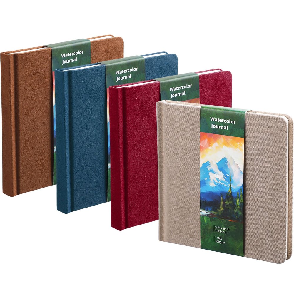 Mooliwe 4 Pcs Watercolor Travel Journal Watercolor Sketchbook Painting 5 x 5 Inch 300 GSM Cotton Cold Press Notebook for Painter Beginner Graduation Gift(Retro Color)