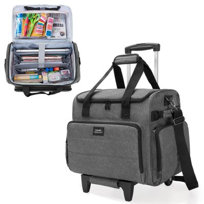 CURMIO Rolling Scrapbook Tote with Wheel, Craft Storage Bag with Expandable File Organizer for Scrapbook Supplies, Albums, Gray (Bag Only)