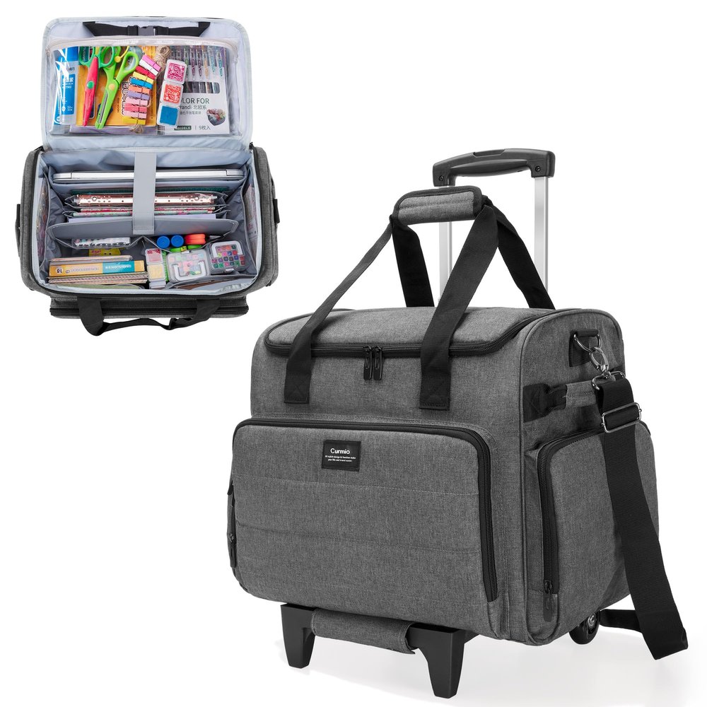 CURMIO Rolling Scrapbook Tote with Wheel, Craft Storage Bag with Expandable File Organizer for Scrapbook Supplies, Albums, Gray (Bag Only)