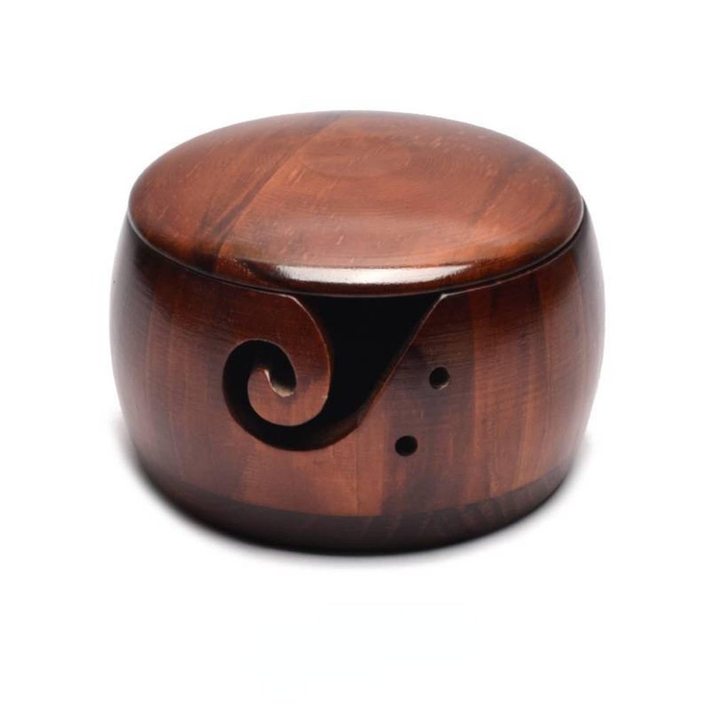Meeting Love Wooden Knitting Wool Bowl, 15 * 8cm Wool Storage Bowl, Yarn Finishing Box, Knitting Crochet Accessories, Household Yarn Storage, Dark Cover With Lid