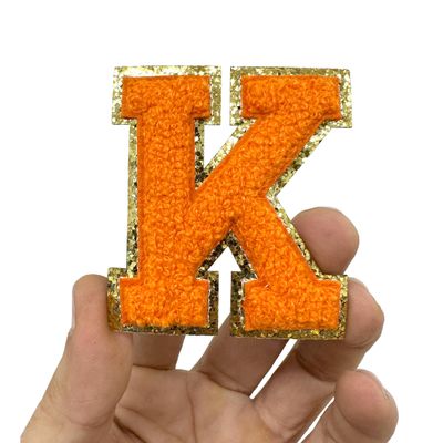 NACRE APPAREL Iron On Chenille Letter Patch 2.5 Inch Varsity Letter Chenille Adhesive A-Z Alphabet Orange/Gold Letter S