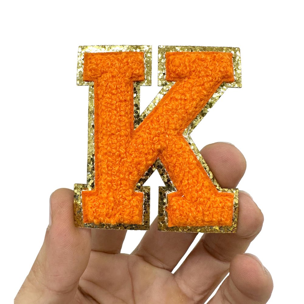 NACRE APPAREL Iron On Chenille Letter Patch 2.5 Inch Varsity Letter Chenille Adhesive A-Z Alphabet Orange/Gold Letter S