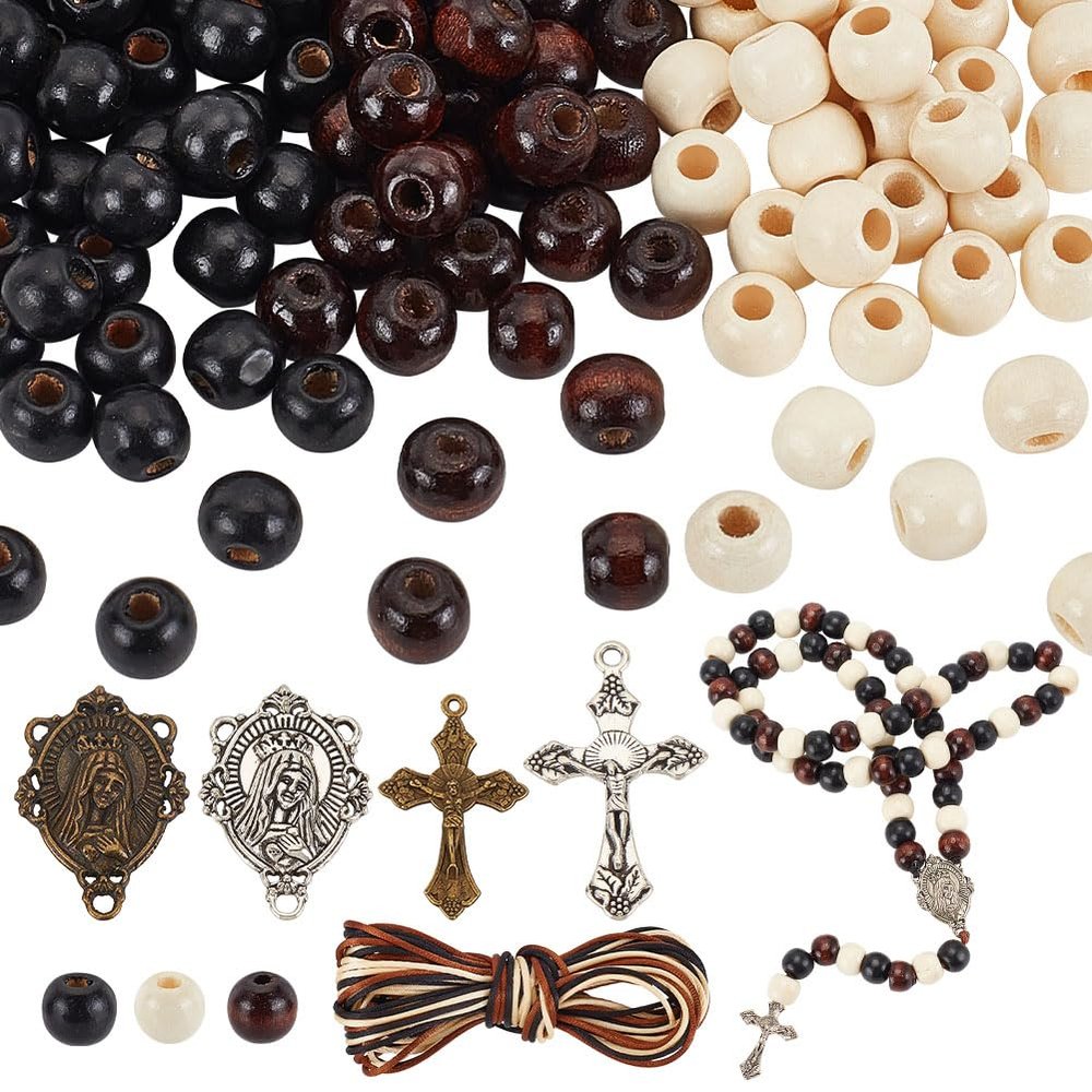 PH PandaHall 744pcs Rosary Jewelry Making Kit First Communion Necklace Natural Wood Beads Making Set Cross Centerpiece Alloy Chandelier and Beading Wires for Easter Eid Mubarak Ramadan