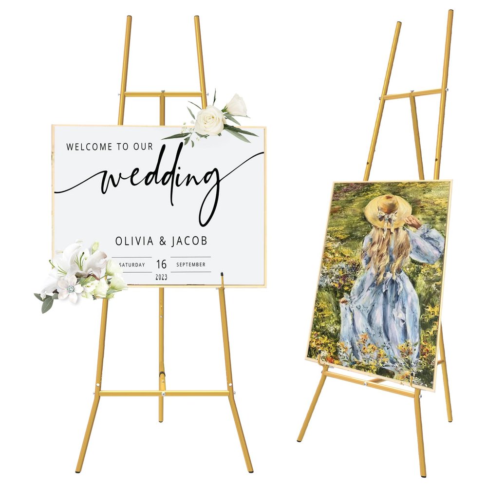 Gold Easel Stand for Sign - Heavy Duty Metal Freestanding Adjustable Display Stand (3-Tier), Large Professional Easel for Paintings, Artwork & Commercial Displays, Durable Exhibition Easel