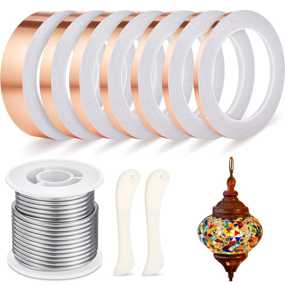 Innconee 10 Pcs Stained Glass Supplies Set Include 1 lb Spool 60/40 Solder for Stained Glass 7 Sizes x 22 Yards Copper Foil Tape 1/8 Dia Solder Copper Foil Tape for Craft