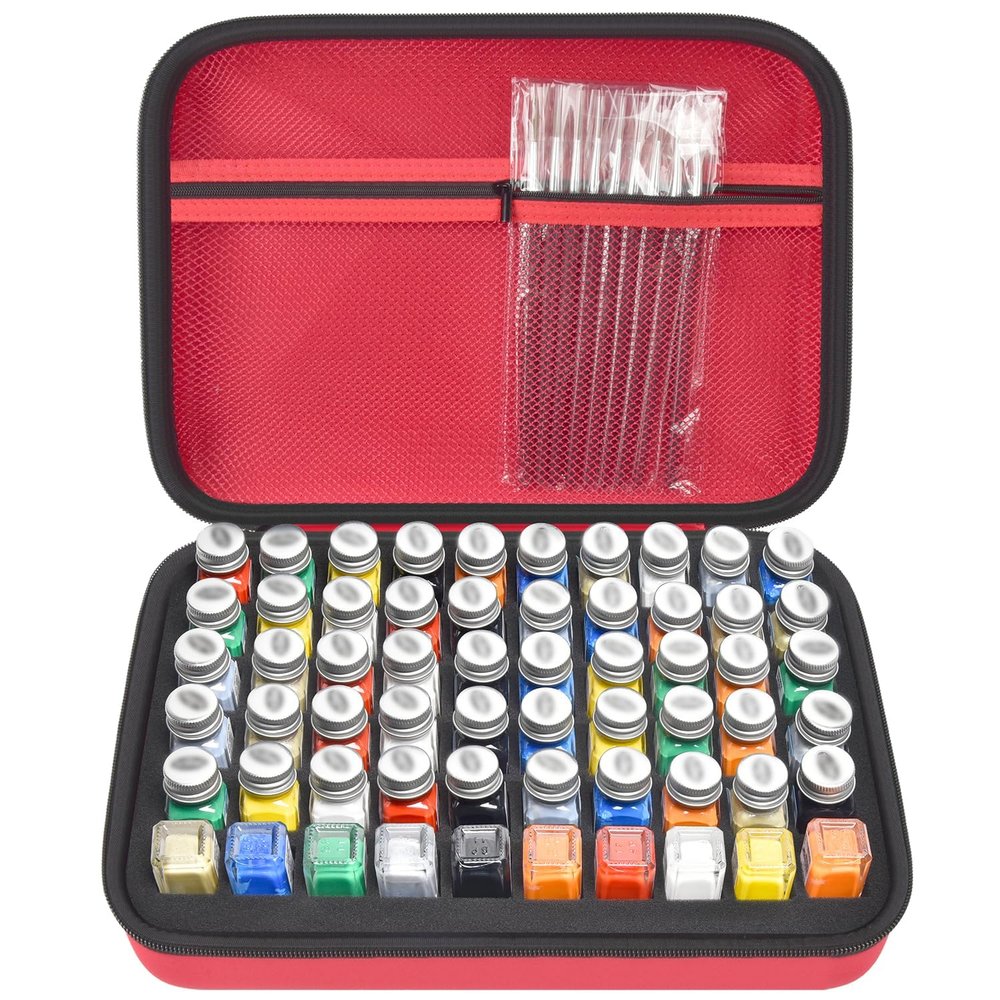 Storage Case For Testors Paint Set Model Paint, Holds 60 Bottles with 9 Detail Brushes, Paint Organizer Carrying Bag for Model Builders, Miniature Painters, Home Travel Workshop, Box Only, Red