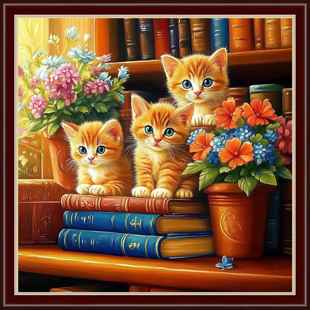 Dimensean Stamped Cross Stitch Kits Full Range of Embroidery Patterns Starter Kits for Beginners Adult DIY Cross Stitches Needlepoint Kits 11CT-Cat Flowers on the Table 18x18 inch
