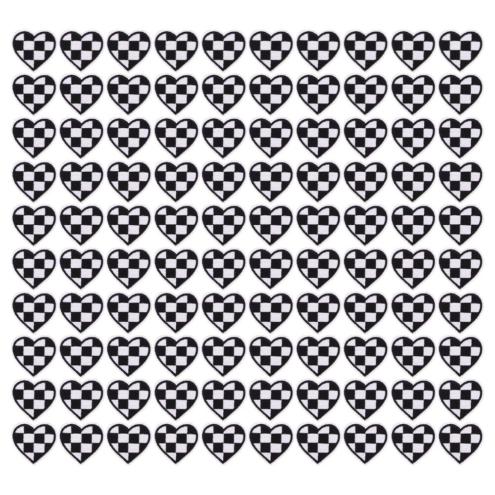 100pcs Heart Shaped Patches, Iron On Black White Grid Embroidered, DIY Applique Patches Decoration for Clothes Bags Hats Clothing Repair