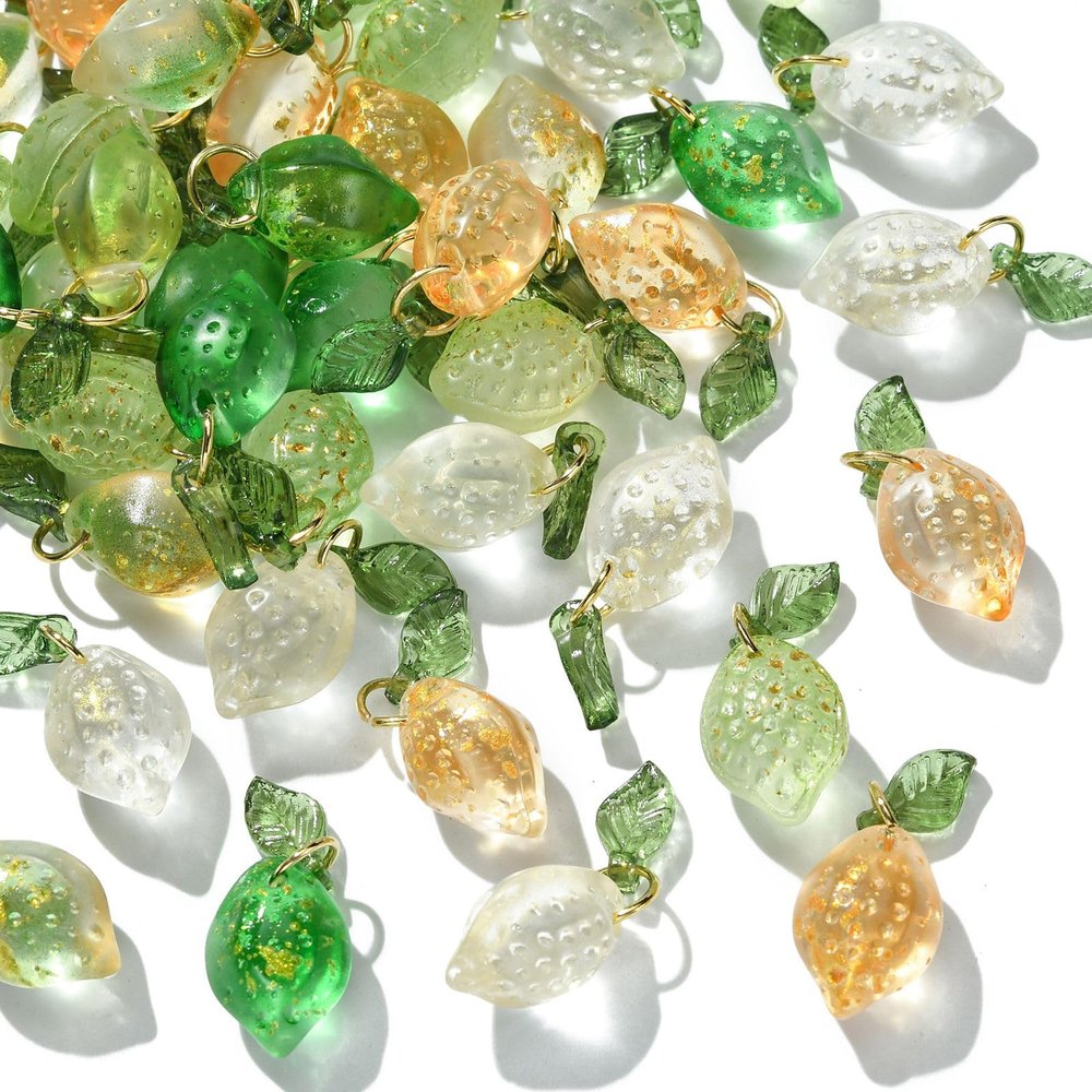 Airssory 50 Pcs 5 colors Handmade Lemon Lampwork Charms Green Yellow Imitation Fruit Glass Crystal Charms with Leaf for DIY Jewelry Craft Earrings