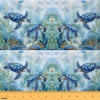 Feelyou Sea Turtle Fabric by The Yard 3 Yards Summer Theme Soft Flannel Decorative Fabric for Chairs Marine Themed Upholstery Fabric Underwater Animal DIY Reupholstery Fabric Ocean Creature