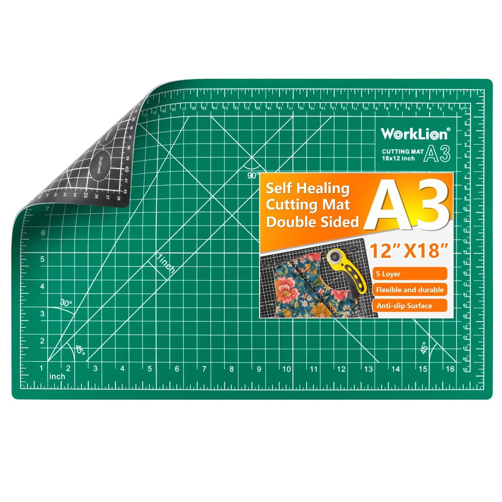 Worklion Self Healing Craft Mat: 18"x12" Rotary Cutting Mat for Sewing,Quilting,Leather,Craft,Fabric,Model,Art,Clay,5-layer 2-sided Cutting Mat, green and black