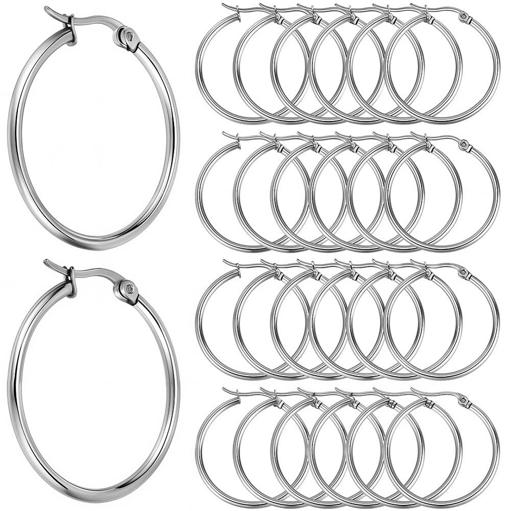 SOFPLATE 1 Box 60Pcs 30mm Hoop Earring Findings Stainless Steel Earring Beading Hoops Set Hypoallergenic Silver Dangle Hoop Earrings Open Round Earring Findings for Jewelry Making Supplies DIY Craft