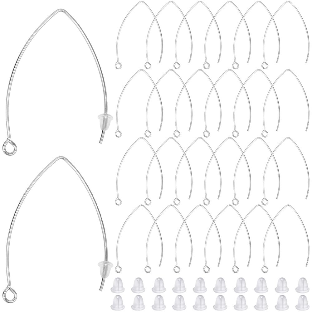 SOFPLATE 1 Box 40Pcs Drop Earring Hooks Stainless Steel Earring Wires Silver Long Marquise V Shaped Hook Earring Findings with Ear Nuts and Loop Dangle Earring Wires for Jewelry Making Supplies DIY