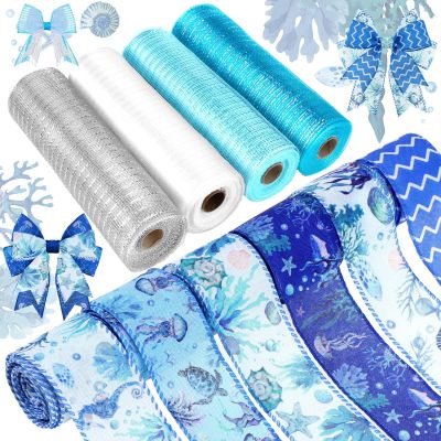 10 Rolls Summer Sea Animals Ribbons 6 Rolls 2.5" x 5 Yards Ocean Wired Edge Fabric Ribbons and 4 Rolls 10" x 10 Yards Mesh Ribbon Rolls for Wreath Craft Gift Wrapping Under the Sea Party Decoration