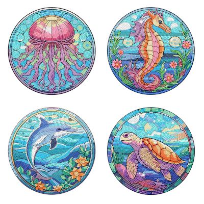 DIY Dotted Floral Diamond Placemat, 4 Pieces Diamond Art Painting Coasters Diamond Painted Acrylic Single-Sided Dotted Diamond Dinner Plate for Restaurant Decoration (#15-Sea Animals)