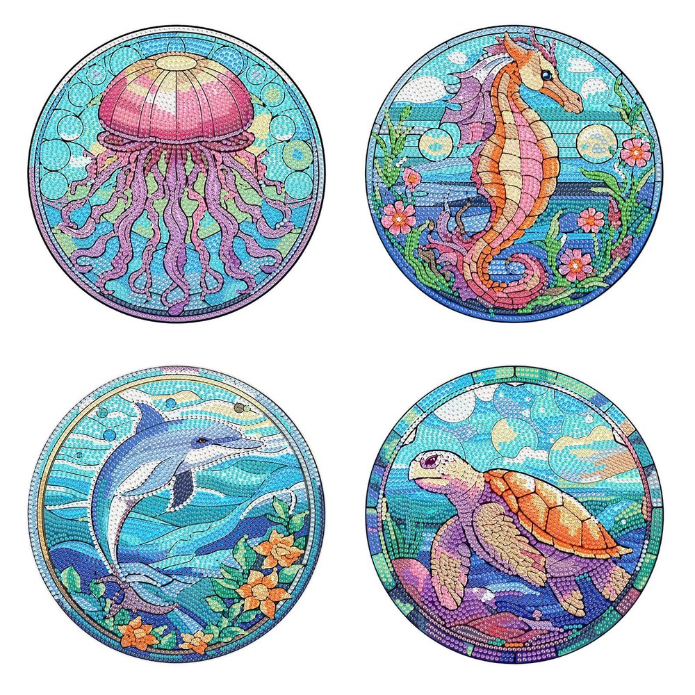 DIY Dotted Floral Diamond Placemat, 4 Pieces Diamond Art Painting Coasters Diamond Painted Acrylic Single-Sided Dotted Diamond Dinner Plate for Restaurant Decoration (#15-Sea Animals)