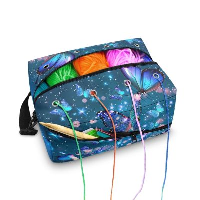 Kathyboom Blue Butterfly Stars Knitting Bag for Yarn Storage, Yarn Storage Knitting Accessories Organizer for Knitting Needles, Crochet Hooks and Other Accessories