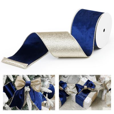 LIZLOVESS Blue Velvet Wired Ribbon with Glitter Back 4 Inch Navy Blue and Gold Christmas Ribbon Wired Ribbon for Christmas Tree, Gift Wrapping, Mantel, Wreaths Supplies, Topper Bows (10 Yards)