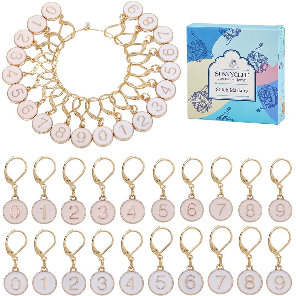 SUNNYCLUE 20PCS 10 STYLES Alloy Numbers Stitch Markers Knitting Marker Charms Leverback Clasp Cute Enamel Pink White Alphabet 0~9 Crochet Charm Bulk for Sewing Weaving Threading Women Diy Craft Supply