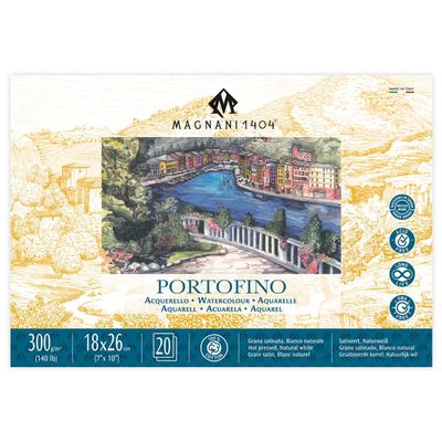 Magnani 1404 Portofino Hot Press 100% Cotton Watercolor Paper Block, 20 Sheets, 7x10, 140 lb, Acid-Free, UV Resistant, Vegan Sized Water Color Paper for Artists, Made in Italy