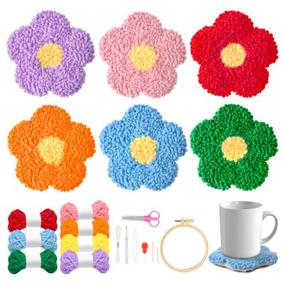 WATINC Flower Punch Needle Coaster Kit - 22Pcs Crafts Punch Needle Coasters Kits for Beginners, Flower Patterns Tufted Rug Pads with Adhesive Felt Yarns Embroidery Hoop Instruction