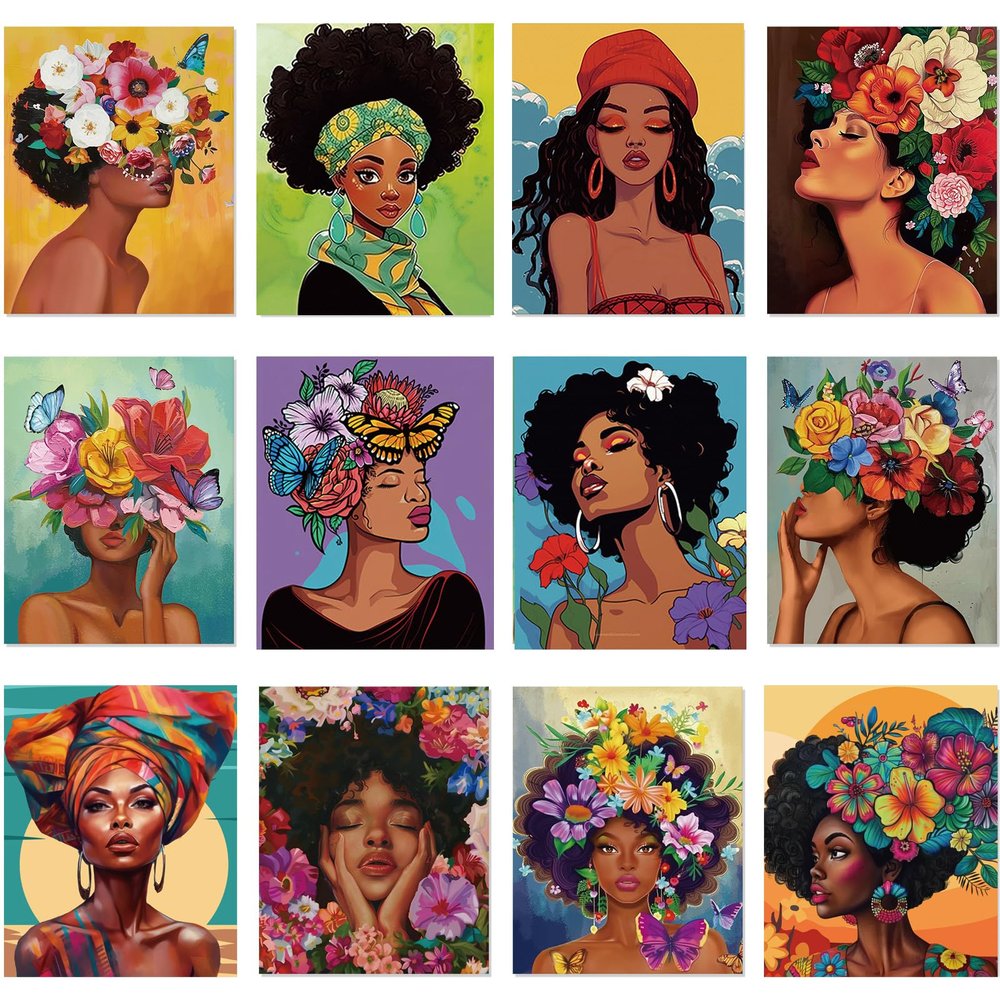Ctosree 12 Pcs Pre Drawn Canvas for Painting Adults Sip and Paint Party Kit Pre Printed Canvas Bulk for Date Night Bridal Shower Graduation and Art Party Favors(Flower Lady,8 x 10 Inch)
