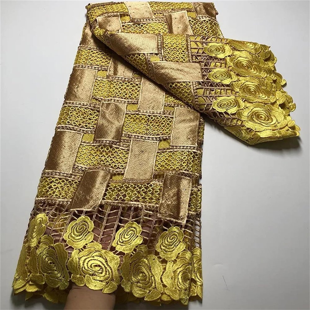 African Guisolid Cord Lace Fabric, Water Soluble, Nigerian Fabrics for Sewing, Women Blue Gold Wedding Fabrics