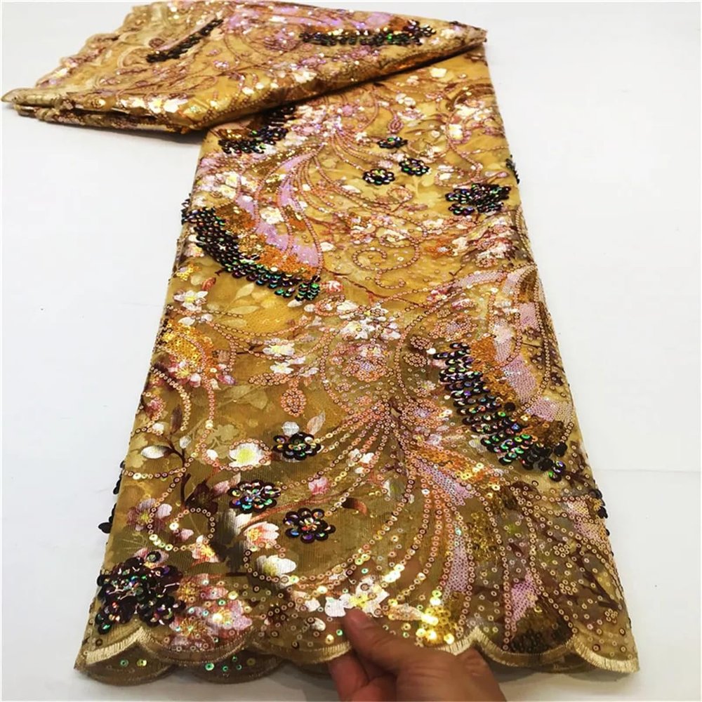 African French Net Lace Fabric Lace Embroidered Nigerian 3D Sequins Tulle Lace 5 Yards for Sew Party Dresses