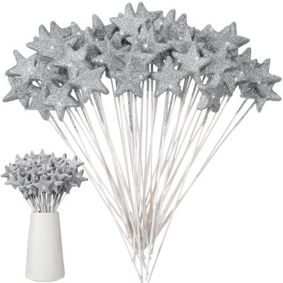 Suzile 60 Pcs Silver Star Floral Picks 8'' Glitter Silver Star Centerpiece Table Decor Sparkly Foam Stem Sticks for Wreath Crafts Wedding Bridal Baby Shower Birthday Stars Arrangement