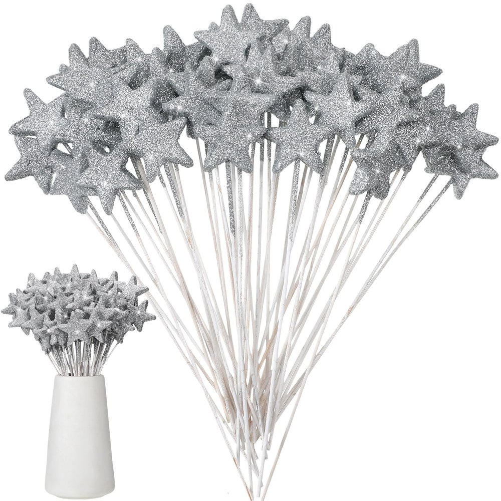 Suzile 60 Pcs Silver Star Floral Picks 8'' Glitter Silver Star Centerpiece Table Decor Sparkly Foam Stem Sticks for Wreath Crafts Wedding Bridal Baby Shower Birthday Stars Arrangement