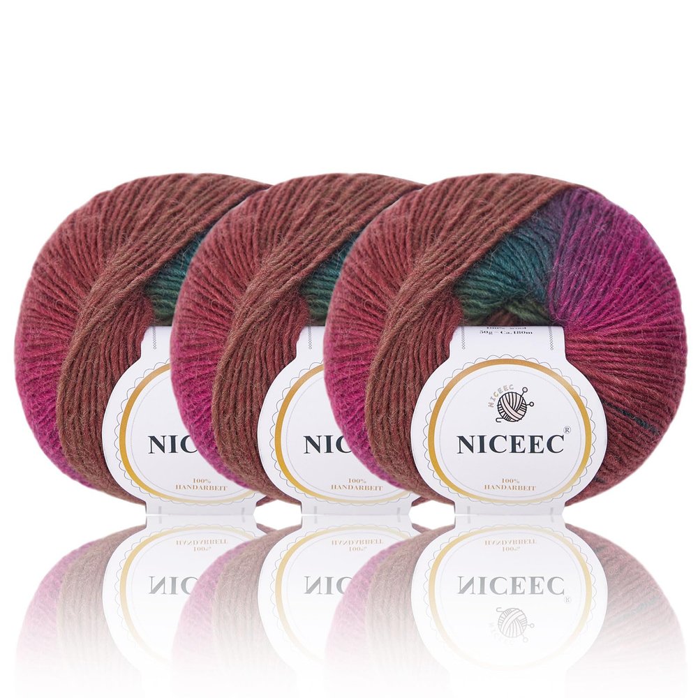 NICEEC 3 Skeins Rainbow Soft Yarn 100% Wool Gradient Multi Color Yarn for Crocheting Knit Total Length 180m2(196yds2,50g2)-20#