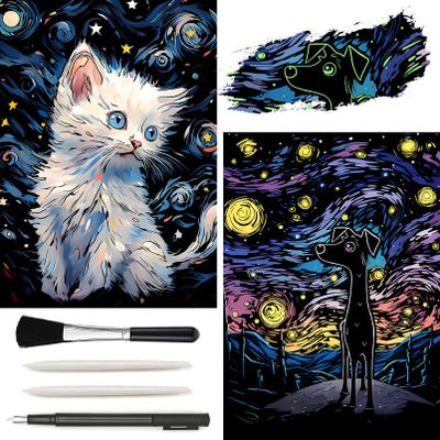 2 Pack Night Glow Scratch Art Rainbow Painting Paper, Magic Glow-in-the-Dark Scraping, Van Gogh Style Creative Craft Set, Fun DIY Toy Sketch Card Scratchboard for Kids, Adults (Dog / Cat)