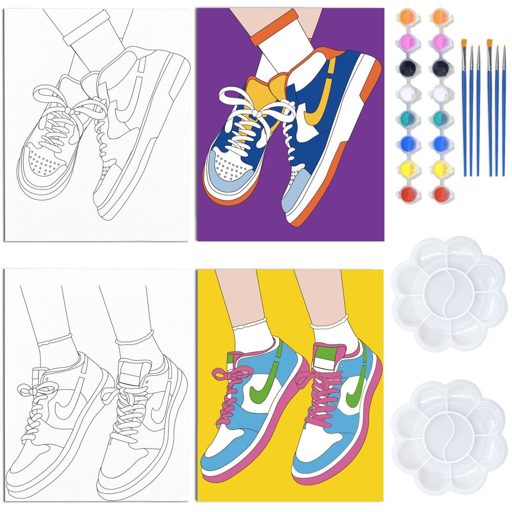 WEBEEDY 2 Pack Canvas Painting Kit 8x10 Inch Sneakers Retro Theme Canvas Painting Pre Drawn Canvas Painting Sports Cool Sneakers Shoe Store Decor Bedroom Decor Christmas Valentine's Day Paint Wall Art
