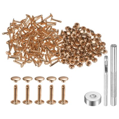 HARFINGTON 100 Sets Leather Rivets 9mm x 16mm Metal Double Cap Rivet Snaps Studs Fasteners with 3pcs Setting Tools for Leather Craft DIY Repair Decoration, Light Gold Tone