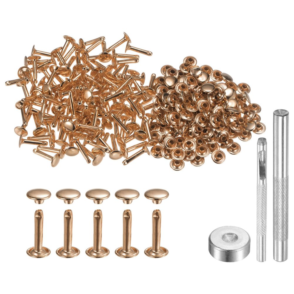 HARFINGTON 100 Sets Leather Rivets 9mm x 16mm Metal Double Cap Rivet Snaps Studs Fasteners with 3pcs Setting Tools for Leather Craft DIY Repair Decoration, Light Gold Tone