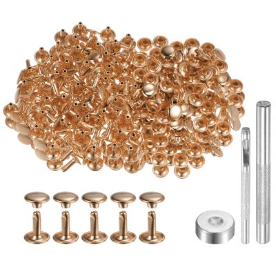 HARFINGTON 200 Sets Leather Rivets 9mm x 10mm Metal Double Cap Rivet Snaps Studs Fasteners with 3pcs Setting Tools Rivets for Leather Craft DIY Repair Decoration, Light Gold Tone