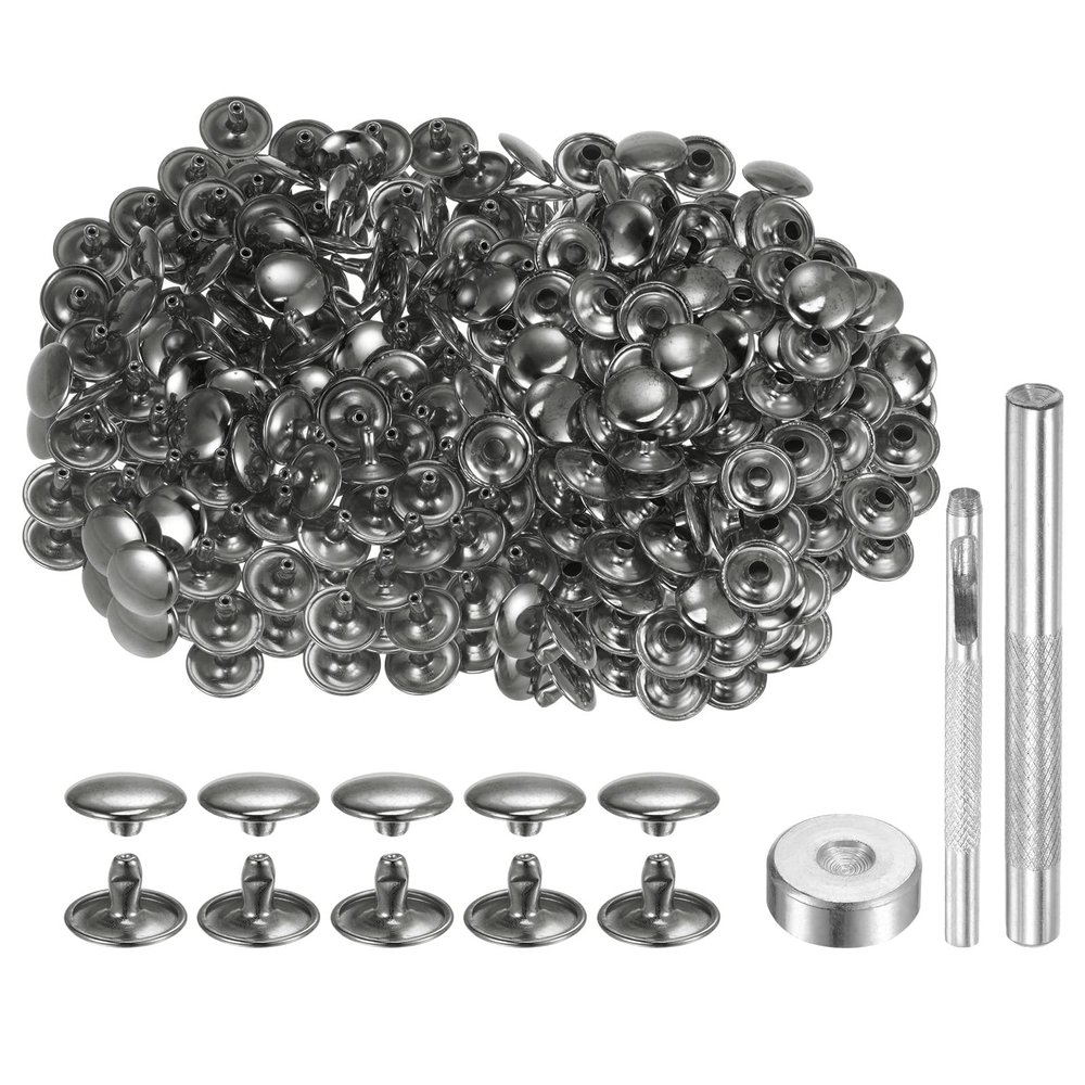HARFINGTON 200 Sets 12mm x 8mm Metal Double Cap Rivets Snaps Studs Fasteners with 3pcs Setting Tools for Leather Craft DIY Repair Decoration, Gunmetal