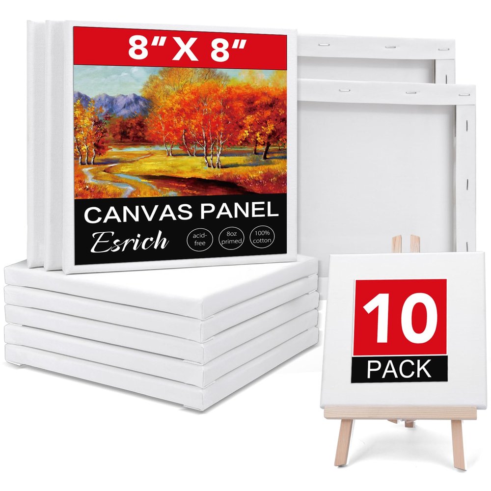 ESRICH Stretched Canvas for Painting, 10 Pack 8x8 Canvas for Painting Primed Acid-Free, Wood Framed Blank Canvas, Art Canvases for Beginners, Artists for Oil,Acrylic Paint, Pouring Painting.