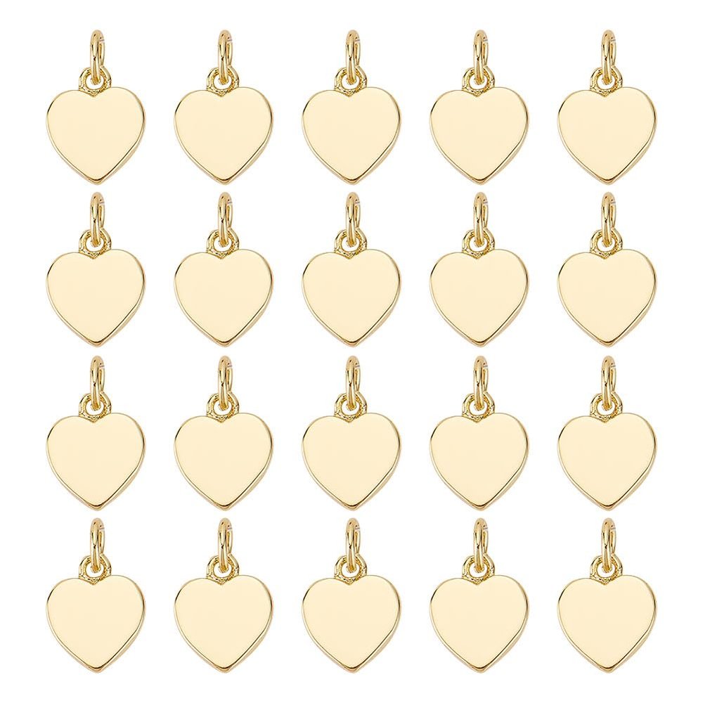 GOMAKERER 20 Pcs Real 18K Gold Plated Heart Charms, Brass Flat Love Heart Pendants Blank Heart Charms Long Lasting Charms for DIY Jewelry Making