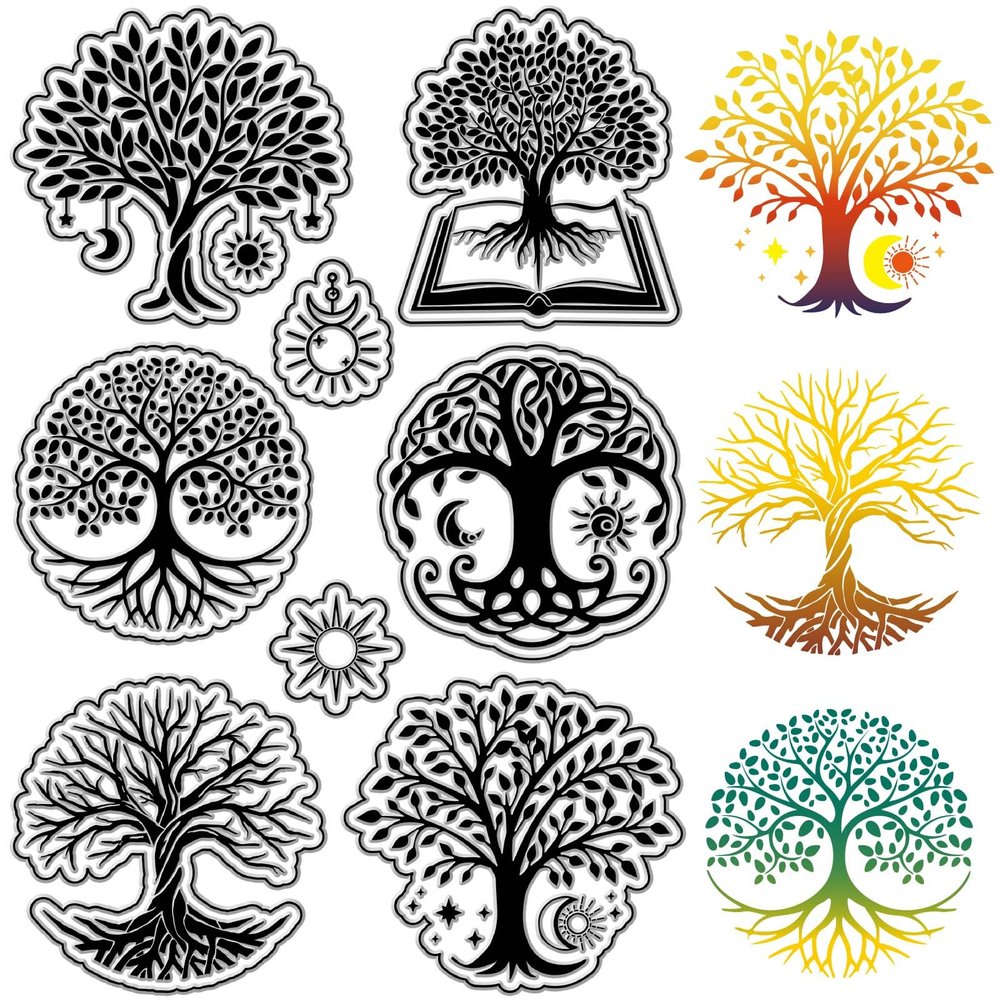 CRASPIRE Tree of Life Clear Stamps Book Sun Moon Reusable Transparent Silicone Stamp Seals Postmark for Journaling Card Making Decor DIY Scrapbooking Film Frame Photo Album Decorative
